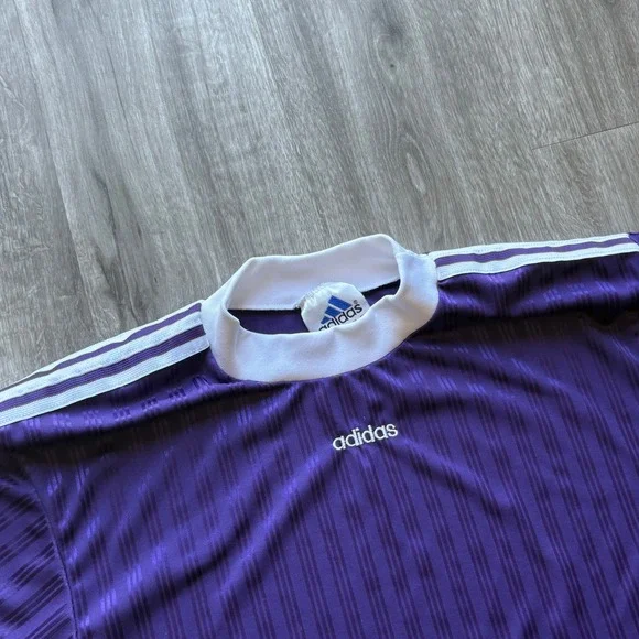 Vintage Adidas 90s Purple Shadow Stripe Soccer Jersey Made in USA Mens Medium - Picture 2 of 4